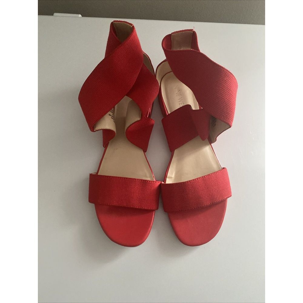 Nine West Red Women's Crossed Elastic Band Peep Toe Flat Sandals - SZ 7M
